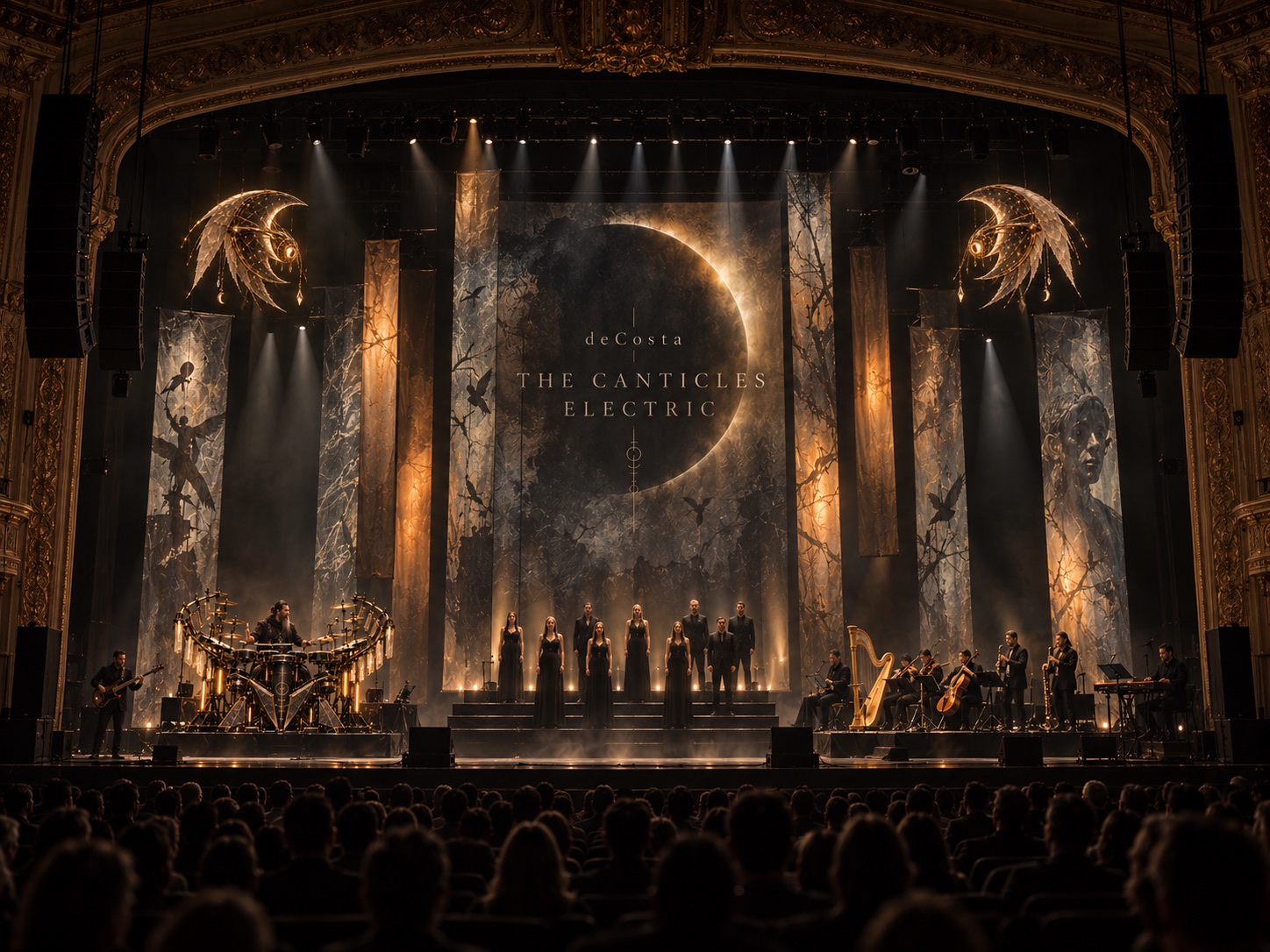 Canticles stage concept with an eclipse, eight singers and illuminated scenery